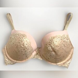 VICTORIA's SECRET Dream Angels Push Up Bra 36D Blush Rhinestone Gold Lace NWT
